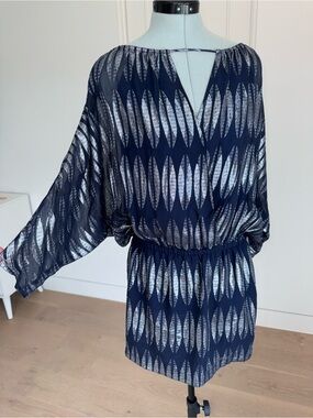 Navy Metallic Leaf-Pattern Long Sleeve Dress